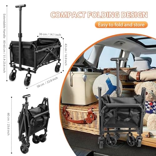 Collapsible Wagon Cart Foldable 220lbs Capacity,Lightweight Portable Beach Wagon, Shopping Carts with Wheels for Grocery,5" Removable Wheels & Adjustable Camping, Shopping, Beach, Fishing, Garden Cart - Image 3