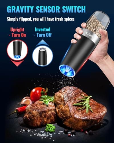 Sweet Alice Gravity Electric Pepper and Salt Grinder Set, Adjustable Coarseness, Battery Powered with LED Light, One Hand Automatic Operation, Stainless Steel Black, 2 Pack - Image 2