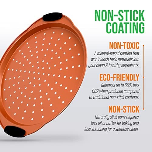 NutriChef 13-Inch Nonstick Pizza Tray - Round Carbon Steel Non-Stick Pizza Baking Pan with Perforated Holes, Premium Bakeware Pizza Screen with Silicone Grip Handles, Dishwasher Safe - Copper - Image 6