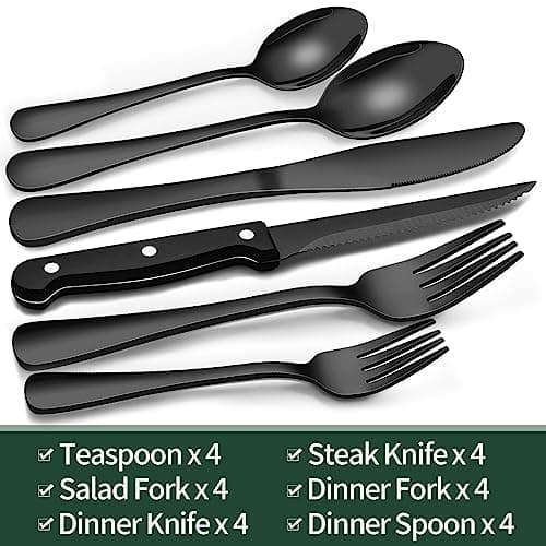 24-Piece Black Silverware Set with Steak Knives, Black Flatware Set for 4, Food-Grade Stainless Steel Tableware Cutlery Set, Mirror Finished Utensil Sets for Home Restaurant - Image 2