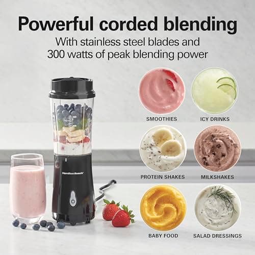 Hamilton Beach Portable Blender for Shakes and Smoothies, 14 Oz BPA Free Travel Cup & Lid, Durable Stainless Steel Blades, Personal Smoothie Blender, Black (51101AG) - Image 3