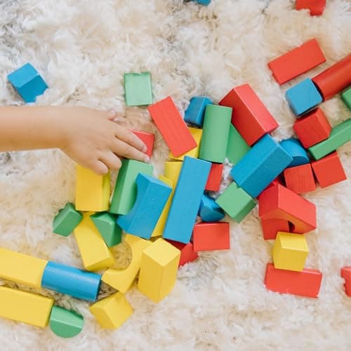 Melissa & Doug 100 Wooden Building Blocks with Storage Box | 100 Pieces, Wooden Blocks In 4 Colors & 9 Shapes, Montessori Toys, Construction Play, Toddler Learning Toys for Kids, Ages 2+ - Image 2