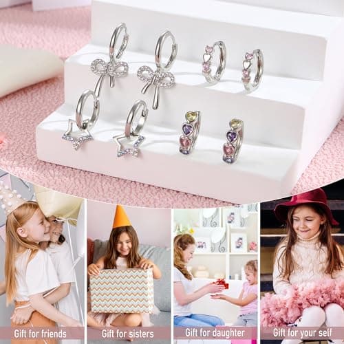 BESTEEL 4 Pairs Hypoallergenic Huggie Hoop Earrings for Girls Women Silver Small Dangle Hoop Earrings Bow Earrings Tiny Cute CZ Heart Butterfly Earrings Set Pink Colorful Star Earring for Sensitive Ears（Heart Star bow set）over 3 years old - Image 6