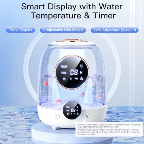 Humidifiers for Bedroom, 3L Tank for 30H 20dB Quiet Mist Time, Dual Nozzles, LED Lights, Smart Timer (2/4/8 Hours), Auto Shut-Off, Perfect for Baby and Large Rooms, (White) - Image 3