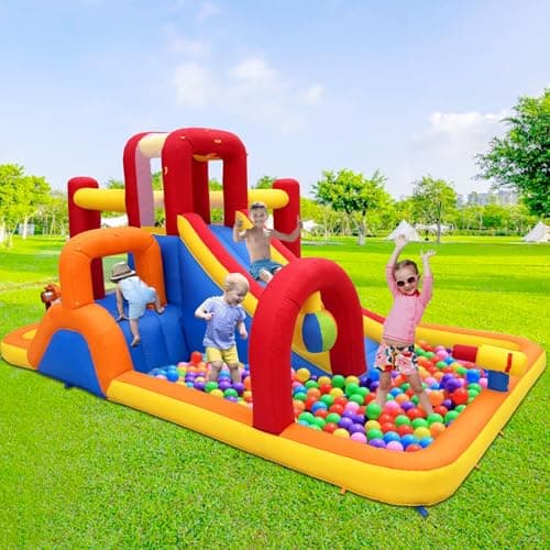 Hongcoral Inflatable Water Slide, 10 in 1 Water Park Bounce House with Blower, Splash Pool, 2 Slides, Water Cannon, Climbing Wall, Blow up Water Slides for Kids Outdoor Backyard
