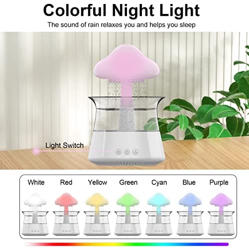 Cloud Rain Humidifier for bedroom with Soothing Rain Sounds - Bedroom Sleep Aid, Waterfall Night Light, Mushroom Design Air Moisturizer for bedroom and living room (White) - Image 4