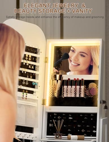360° Swivel Jewelry Cabinet with Lights - RGB Vanity Mirror | Rotatable Full Length Mirror with Jewelry Storage, Standing Jewelry Armoire Organizer, Foldable Makeup Shelf, White - Image 2