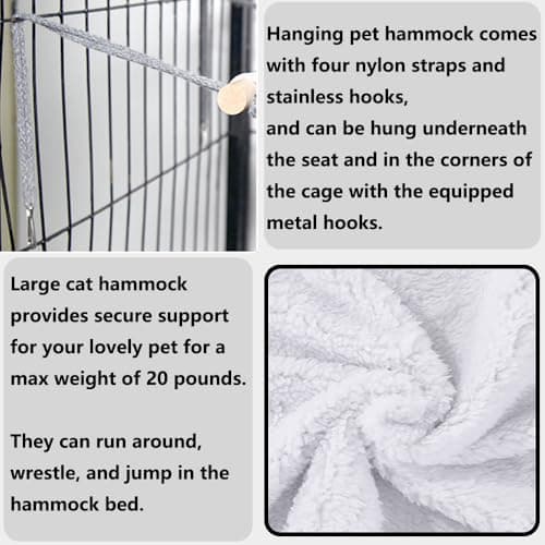 Reversible Cat Hammock for Cage Hanging, Soft Sleeping Bed for Kittens and Small Pets, Features Hardwood Spreader Bars, Portable Hammock can be Tied Between Trees or Posts (Grey+White, Medium) - Image 4