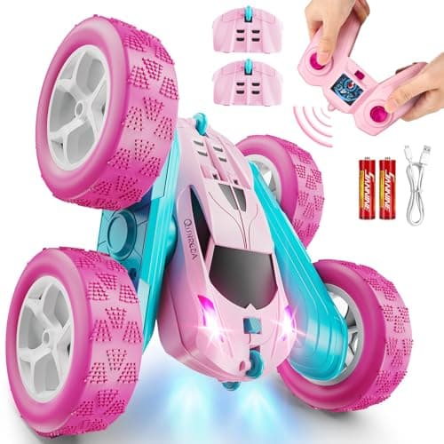 QUNREDA RC Cars, Pink Remote Control Car for Girls, 2.4 GHZ Double Sided RC Stunt Car 360° Rotating Remote Control Crawler with Headlights Car Toys for 6 7 8 9 10 11 12 Girls Birthday Gift