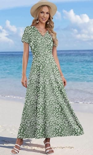 AUSELILY Maxi Dresses for Women Ankle Length Floral Print Beach Long Flowy Dress with Pockets (S, Olive-Green Leaf) - Image 3