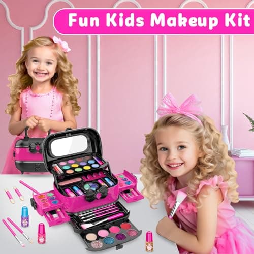Hollyhi 58 Pcs Kids Makeup Kit for Girl, Princess Toys Real Washable Cosmetic Set with Mirror, Kids Makeup Sets for Girls, Play Make Up Birthday Gifts for 3 4 5 6 7 8 9 10 11 12 Years Old Kid (Rose) - Image 6