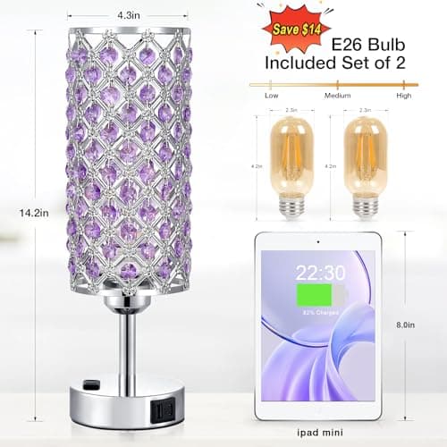 Hong-in Crystal Lamps Set of 2, 3 Way Dimmable Touch Lamp with Crystal Shade, Bedside Nightstand Lamps for Living Room Bedroom Home Office(Purple) - Image 3