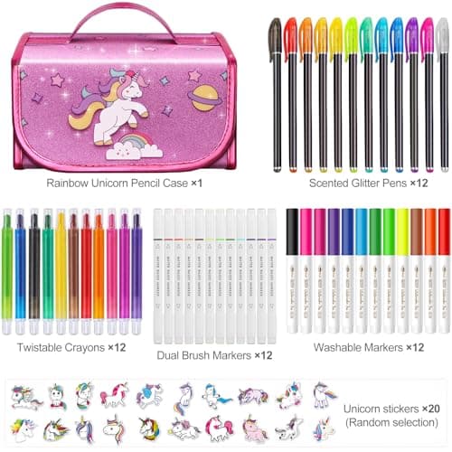 beefunni Unicorn Washable Markers Set 48 pcs with Glitte Pencil Case, Art Supplies for Kids Ages 4-6-8, Arts Crafts Coloring Set with Stickers - Birthday Gifts for Girls 4 5 6 7 8 9 Year Old - Image 6