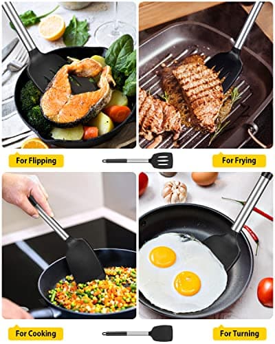 Pack of 2 Silicone Solid Turner, Non Stick Slotted Kitchen Spatulas, High Heat Resistant BPA Free Cooking Utensils, Ideal Cookware for Fish, Eggs, Pancakes(Black) - Image 3