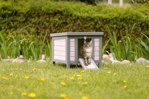 TRIXIE Insulated Outdoor Cat House, Weatherproof Cat Home with Raised Floor, Hinged Asphalt Roof & Covered Opening, Small Outdoor Shelter for Cats and Small Animal, Gray Pine Wood - Image 2