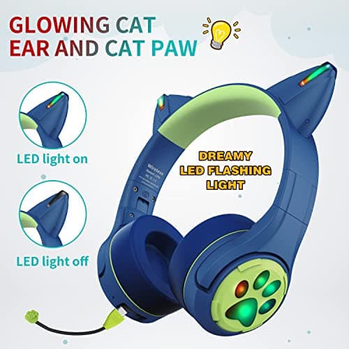 Riwbox CF9 Cat Ear Kids Bluetooth Headphones with LED Light Up,Safe 85dB Volume Limit,Built-in Mic&Boom Mic for Calls,Kids Wireless&Wired Headphones for Tablet/Airplane/School/Online Learning(Blue) - Image 3