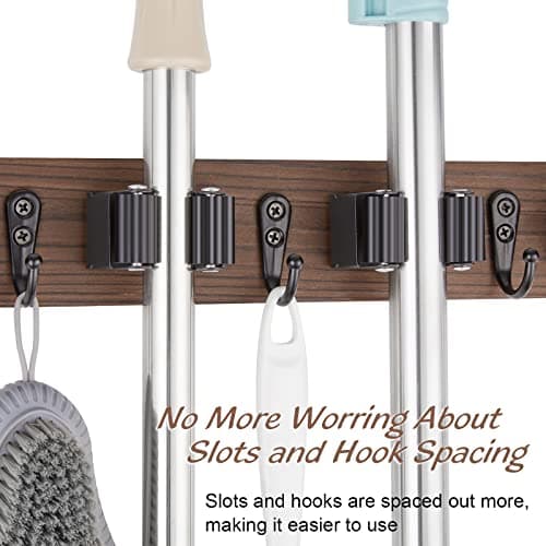 OUTNILI Mop and Broom Holder Wall Mount - Rustic Wood Broom Mop Hanger - Wall Mounted Garden Tool Rack Organizer for Closet Garage Laundry Room Kitchen Decor With 4 Slots & 4 Hooks - Image 4