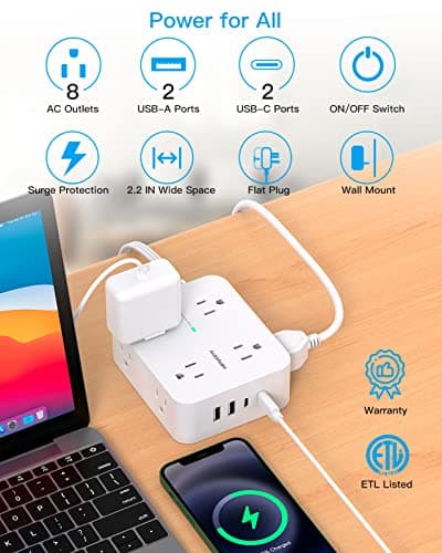 Surge Protector Power Strip, HANYCONY Extension Cord with Multiple Outlets, 5 Ft Ultra Thin Flat Plug 8 Outlets 4 USB Ports(2USB C), 1080J Outlet Extender for Home Office College Dorm Room Essentials - Image 2