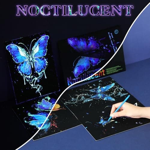 Gersoniel 8 Pack Glow in The Dark Scratch Art for Adult Rainbow Painting Paper Sheet with Pen/Cleaning Brush Noctilucent Engraving Scratchboard for Adults Gift Craft for Gift, Stress Relief - Image 5