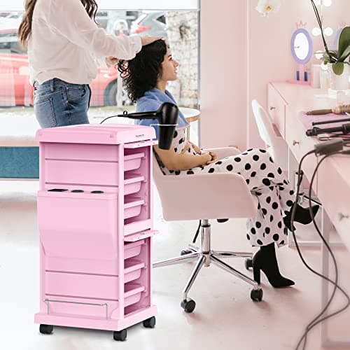 TASALON Professional Salon Trolley Cart, Lockable 6 Trays & 2 Holders, Space Saving Mobile Storage for Hair Salon and Beauty Station​ - Pink - Image 7