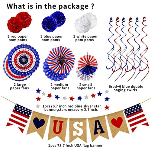26Pcs Patriotic Decorations 4th of July Decorations LOVE USA Banner Red White Blue Paper Fans Star Streamer Pom Poms Hanging Swirls for Veterans Labor Presidents Flag Memorial Day - Image 3