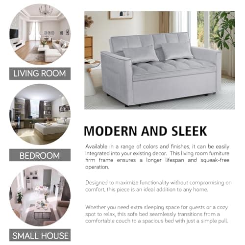 3 In 1 Velvet Convertible Sofa Bed, Pull Out Couch Bed with Reclining Backrest And 2 Pillows, 54" Full Size Loveseat Sleeper Sofa Futon Couch Bed, Couches For Small Spaces, Living Room (Silver Grey) - Image 7