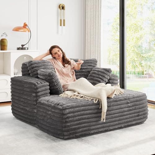 JEEOHEY 56"W Oversized Chaise Lounge Chair Indoor,Plush Faux Fur Sleeper Sofa Couch Bed with Pillows&Wide Armrest,Fluffy Comfy Cloud Sofa,Compression Foam Boneless Couch for Living Room,Bedroom(Grey) - Image 5