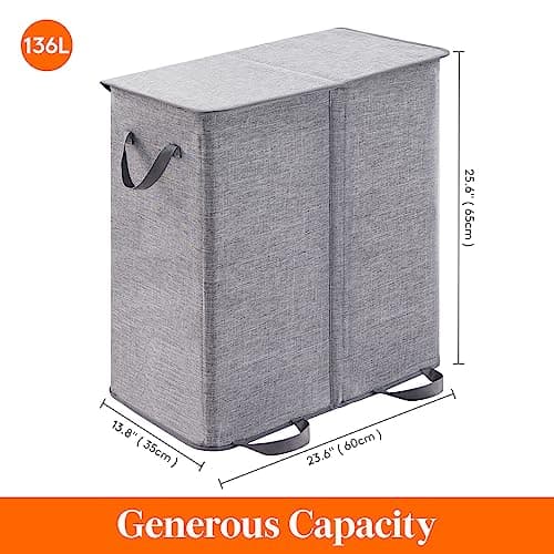 Lifewit Double Laundry Hamper with Lid and Removable Laundry Bags, Large Collapsible 2 Dividers Dirty Clothes Basket with Handles for Bedroom, Laundry Room, Closet, Bathroom, College, 136L Grey - Image 6