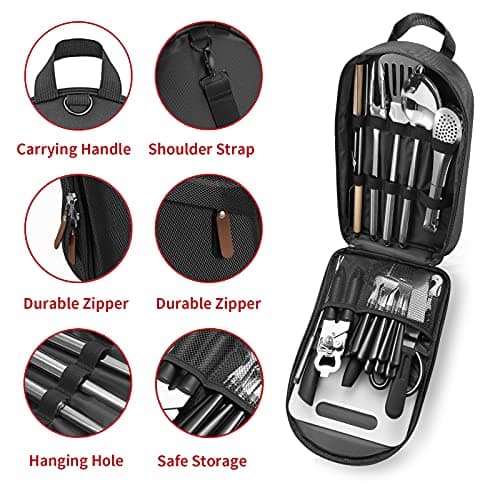 Portable Camping Kitchen Utensil Set-27 Piece Cookware Kit, Stainless Steel Outdoor Cooking and Grilling Utensil Organizer Travel Set Perfect for Travel, Picnics, RVs, Camping, BBQs, Parties and More - Image 2