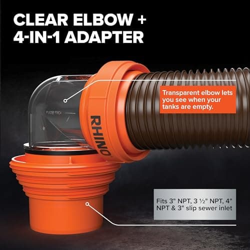 Camco RhinoFLEX 15-Ft RV Sewer Hose Kit - Features Clear Elbow Fitting w/Removable 4-in-1 Adapter - Connects to 3” Slip or 3”/3.5”/4” NPT Threaded Sewer Connection (39770) - Image 5