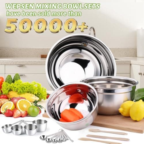 WEPSEN Mixing Bowls Set, 27PCS Khaki Mixing Bowls With Lids Set Stainless Steel Kitchen Large Nesting Metal Bowl 7QT to 1.5QT, Measuring Cups and Spoons for Prepping Cooking Serving - Image 2