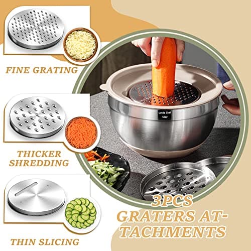 Mixing Bowls with Airtight Lids Set, 26PCS Stainless Steel Khaki Bowls with Grater Attachments, Non-Slip Bottoms & Kitchen Gadgets Set, Size 7, 4, 2.5, 2.0,1.5, 1QT, Great for Mixing & Serving - Image 3