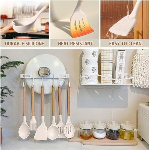 Umite Chef Kitchen Cooking Utensils Set, 33 pcs Non-Stick Silicone Cooking Kitchen Utensils Spatula Set with Holder, Wooden Handle Silicone Kitchen Gadgets Utensil Set (Khaki) - Image 6