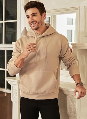 JMIERR Fall Sweatshirts for Mens Comfy Simple Plain Drawstring Hoodies Collar Fleece Long Sleeve with Pockets Hooded Pullovers Casual Loose Fit Shirts Cotton Sweater, US43(L), Khaki - Image 6