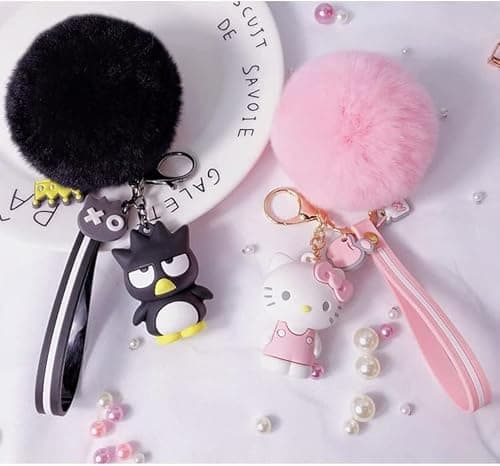 PaPiJoJo Cute Keychains for Women/Girls, Kawaii Pom Pom Fuzzy Key Chain Accessories Wristlet Cartoon Keychain for Backpack Car Keys (Pink208) - Image 6