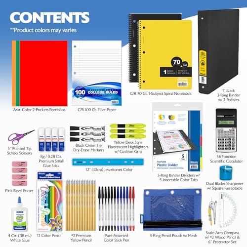 BAZIC Middle High School Kit Supply Box 65 Count for Student 7-12 Grades, Composition Book Compass, Color May Vary, 1-Pack - Image 3