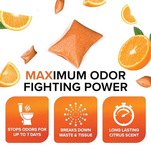 Camco TST MAX RV Toilet Treatment Drop-INs - Control Unwanted Odors & Break Down Waste and Tissue - Safe Septic Tank Treatment - Orange Scent, 30-Pack (41183) - Image 4