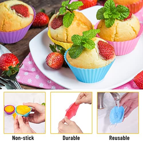 LetGoShop Silicone Cupcake Liners Reusable Baking Cups Nonstick Easy Clean Pastry Muffin Molds 4 Shapes Round, Stars, Heart, Flowers, 24 Pieces Colorful - Image 4