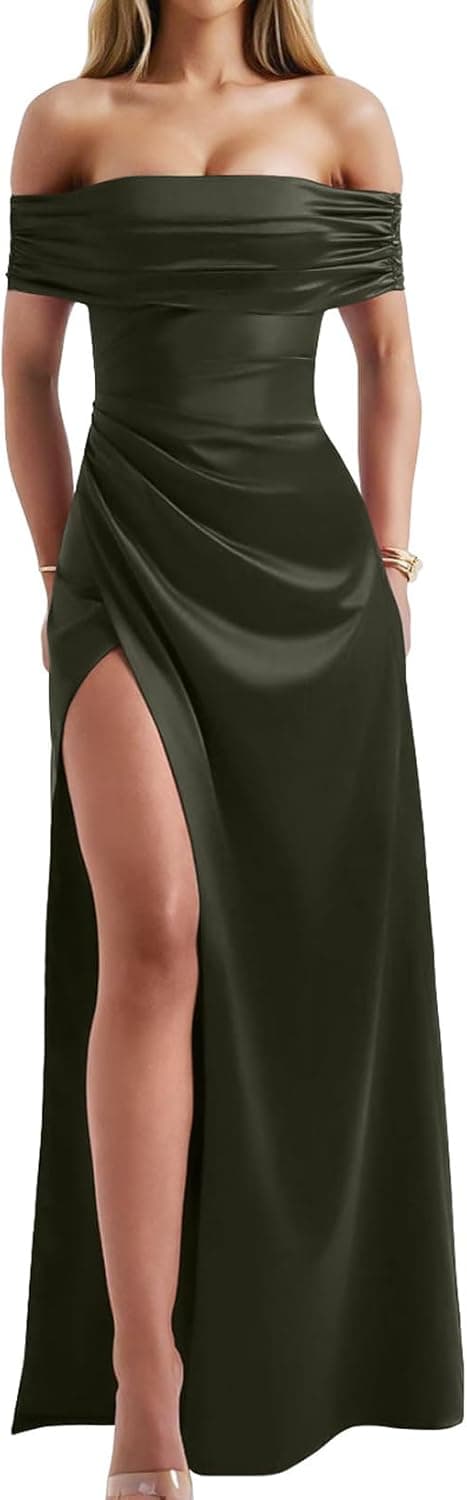 Memoriesea Women's Elegant Off Shoulder High Split Bodycon Evening Wedding Maxi Dress Army Green X-Large - Image 2