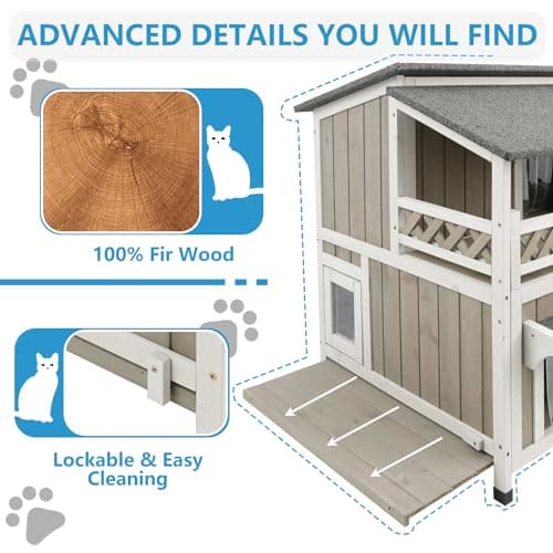 Gowoodhut Feral Cat Shelter Outdoor Weatherproof Houses for Cats Two Story Wooden Cat House Outside Feral Cat House with Balcony Waterproof, Escape Doors - Image 4