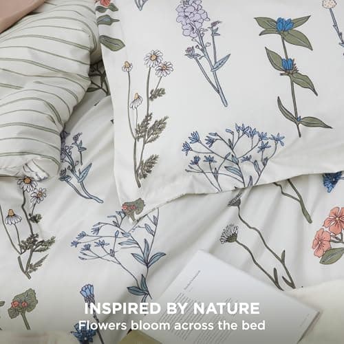Bedsure Comforter Set Queen Size - Cute Floral Bedding Comforter Set, 3 Pieces, 1 Soft Reversible Coconut White Botanical Flowers Comforter and 2 Pillow Shams - Image 4