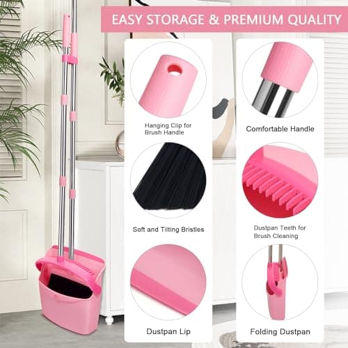 XXFLOWER Broom and Dustpan Set, Dustpans with Broom Combo for Home, Heavy Dust Broom and Dustpan Combo, Long Handle Dust Pan and Broom Set for Kitchen, Office, Pet Hair,Pink, Pack of 1 - Image 6