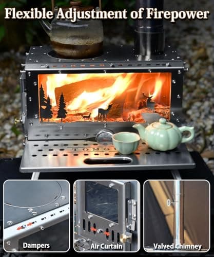 TOMOUNT Hot Tent Stove,Wood Stove with 7 Chimney Pipes,304 Stainless Camping Tent Stove with Spark Damper, Wood Burning Stove for Cooking and Heating，with heat-resistant Glass Window - Image 4