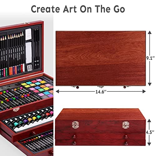 Color More 175 Piece Deluxe Art Set with 2 Drawing Pads, Acrylic Paints, Crayons, Colored Pencils, Paint Set in Wooden Case, Professional Art Kit, Art Supplies for Adults, Teens and Artist, WoodMuse Plus - Image 6