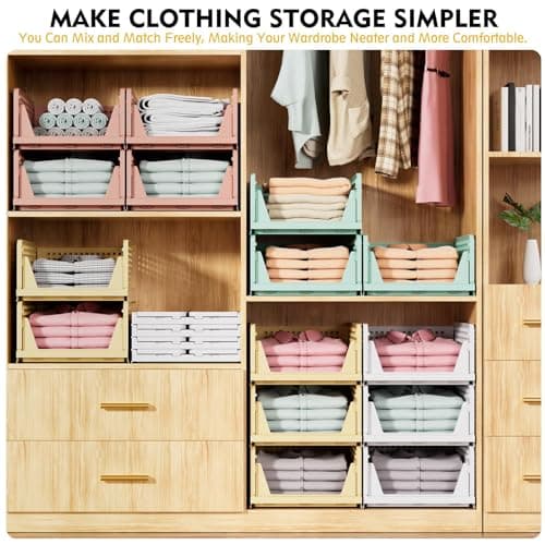 SNSLXH 5 Pack Stackable Closet Storage Basket, Multifunctional & Foldable Closet Organizer for Bathroom Kitchen Laundry Room Wardrobe Storage, Space-Saving Clothes Storage Drawer Organizer, White - Image 4