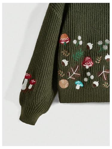 SHENHE Women's Oversized Embroidered Mushroom Sweater Crewneck Chunky Knit Sweater Pullover Army Green X-Large - Image 3