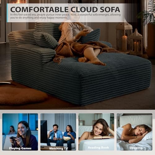 50 Inch Chaise Lounge Chair Indoor, Oversized Corduroy Upholstered Boneless Sofa Bed, Deep Seat Sleeper Couch Reading Chairs, Cloud Sofas Couches for Living Room, No Assembly Required (Dark Grey) - Image 7