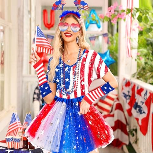 Maazusa July 4 Poncho Costume Accessories, Adult Poncho, Women's American Layered Headdress, Layered Necklace, Stockings, Sleeves for Independence Day Woman Girl - Image 6