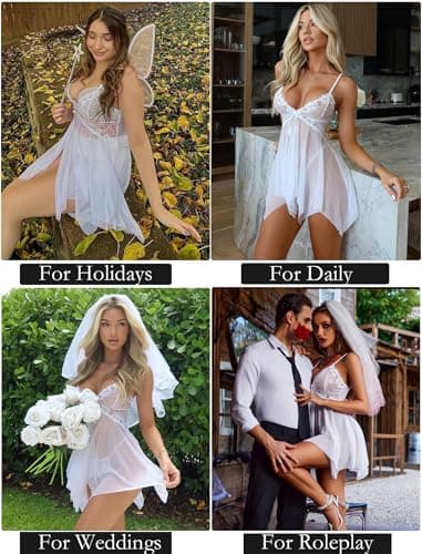 Avidlove Wedding Lingerie for Bride Lace Babydoll Sexy Lace Sleepwear for Women, White, Medium - Image 6