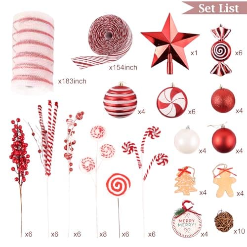WBHome Decorated Artificial Christmas Tree Ornaments, Candy Cane Christmas Decorations, Ornaments Set (Tree is not Included) - Image 2
